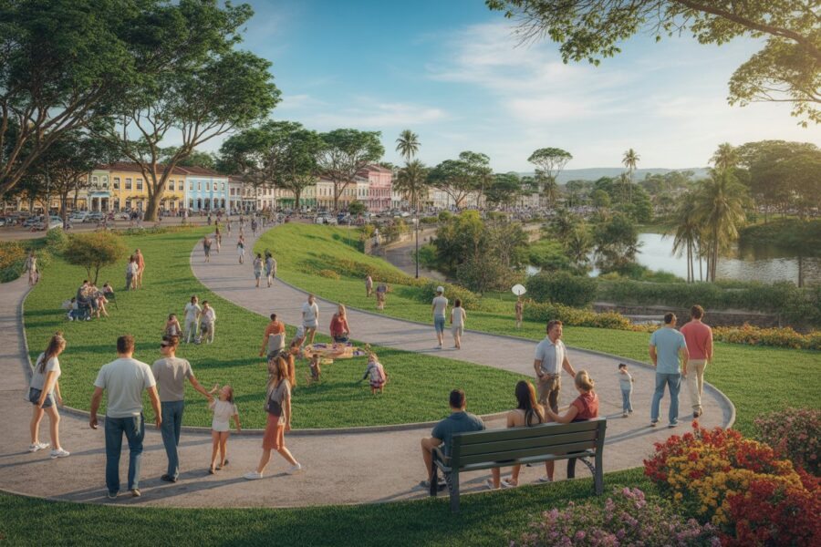 Parque em Guararema com árvores verdes, pessoas caminhando, famílias fazendo piquenique e crianças brincando em um playground.