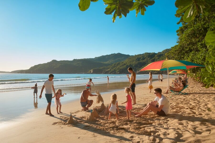 Praia de Caraguatatuba com famílias aproveitando o dia, crianças brincando na areia, mar calmo e vegetação verde ao fundo.