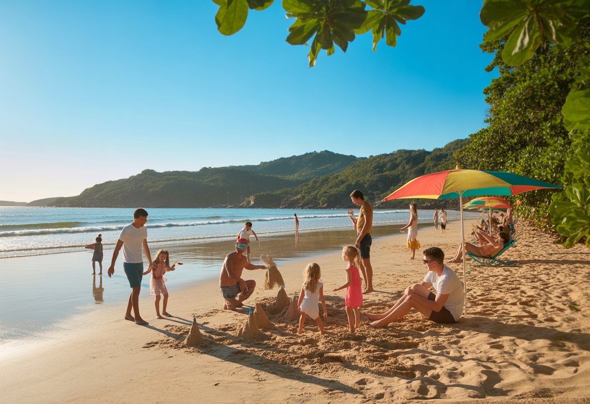 Praia de Caraguatatuba com famílias aproveitando o dia, crianças brincando na areia, mar calmo e vegetação verde ao fundo.