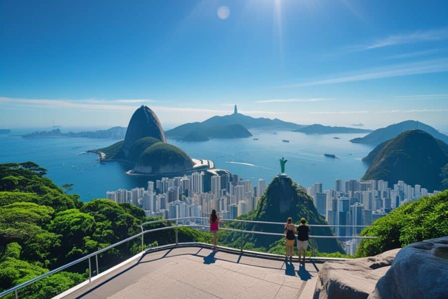 Vista panorâmica do Mirante Dona Marta mostrando a cidade do Rio de Janeiro, com turistas observando a paisagem e elementos naturais ao redor.