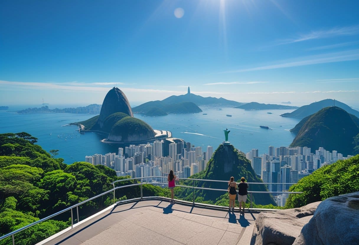 Vista panorâmica do Mirante Dona Marta mostrando a cidade do Rio de Janeiro, com turistas observando a paisagem e elementos naturais ao redor.