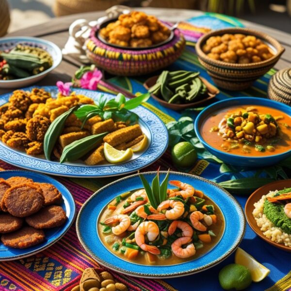 Mesa ao ar livre com pratos tradicionais africanos encontrados no Brasil, incluindo acarajé, vatapá, caruru e moqueca, com ingredientes frescos ao redor.