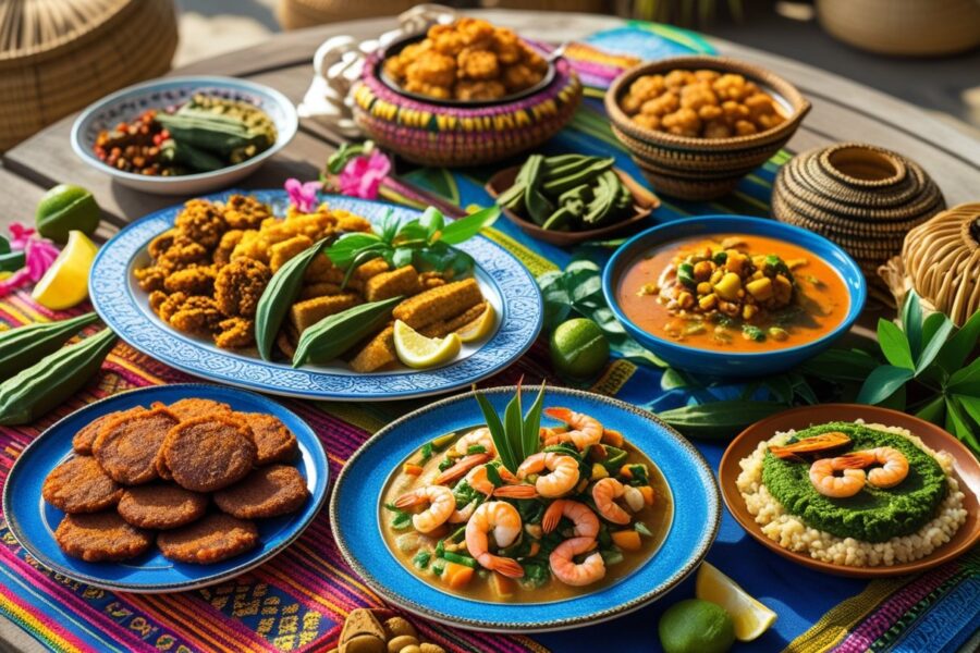 Mesa ao ar livre com pratos tradicionais africanos encontrados no Brasil, incluindo acarajé, vatapá, caruru e moqueca, com ingredientes frescos ao redor.