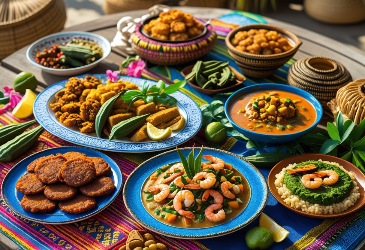Mesa ao ar livre com pratos tradicionais africanos encontrados no Brasil, incluindo acarajé, vatapá, caruru e moqueca, com ingredientes frescos ao redor.