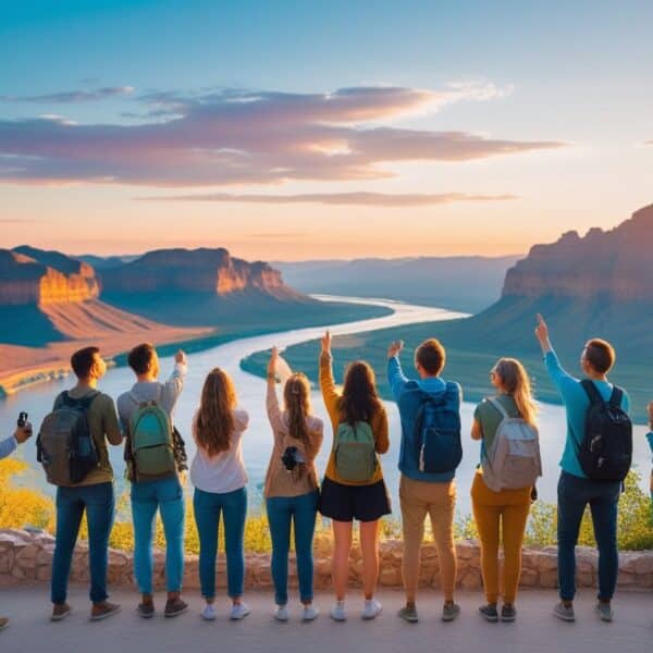 Grupo de viajantes felizes em um mirante com vista para montanhas, rio e pôr do sol.