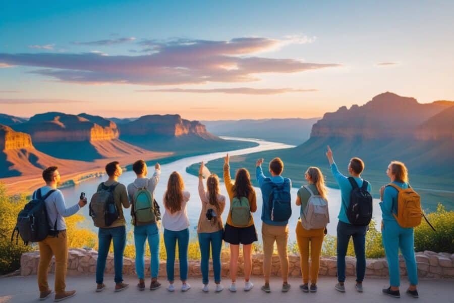 Grupo de viajantes felizes em um mirante com vista para montanhas, rio e pôr do sol.