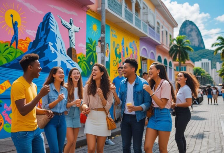 Grupo de jovens conversando e rindo em uma rua colorida do Rio de Janeiro com murais e elementos típicos da cidade ao fundo.