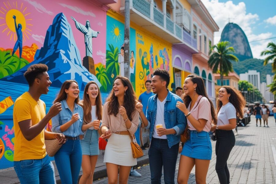 Grupo de jovens conversando e rindo em uma rua colorida do Rio de Janeiro com murais e elementos típicos da cidade ao fundo.