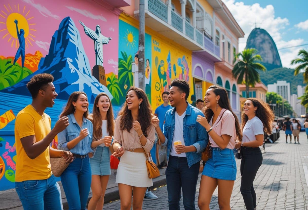 Grupo de jovens conversando e rindo em uma rua colorida do Rio de Janeiro com murais e elementos típicos da cidade ao fundo.