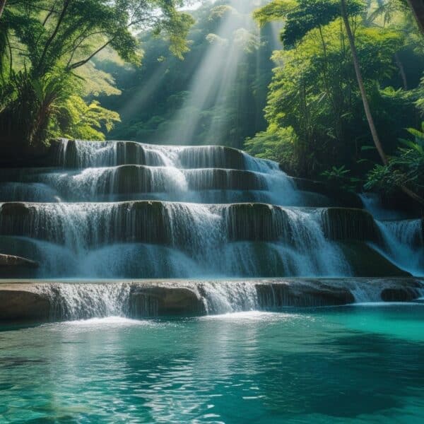 Cachoeira com água cristalina caindo sobre pedras rodeadas por vegetação verde e luz do sol filtrando pelas árvores.