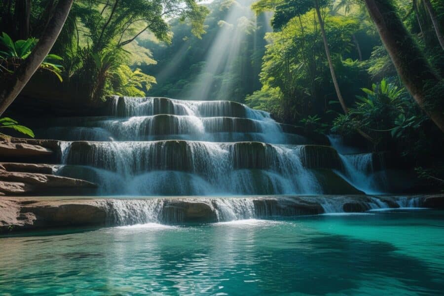 Cachoeira com água cristalina caindo sobre pedras rodeadas por vegetação verde e luz do sol filtrando pelas árvores.