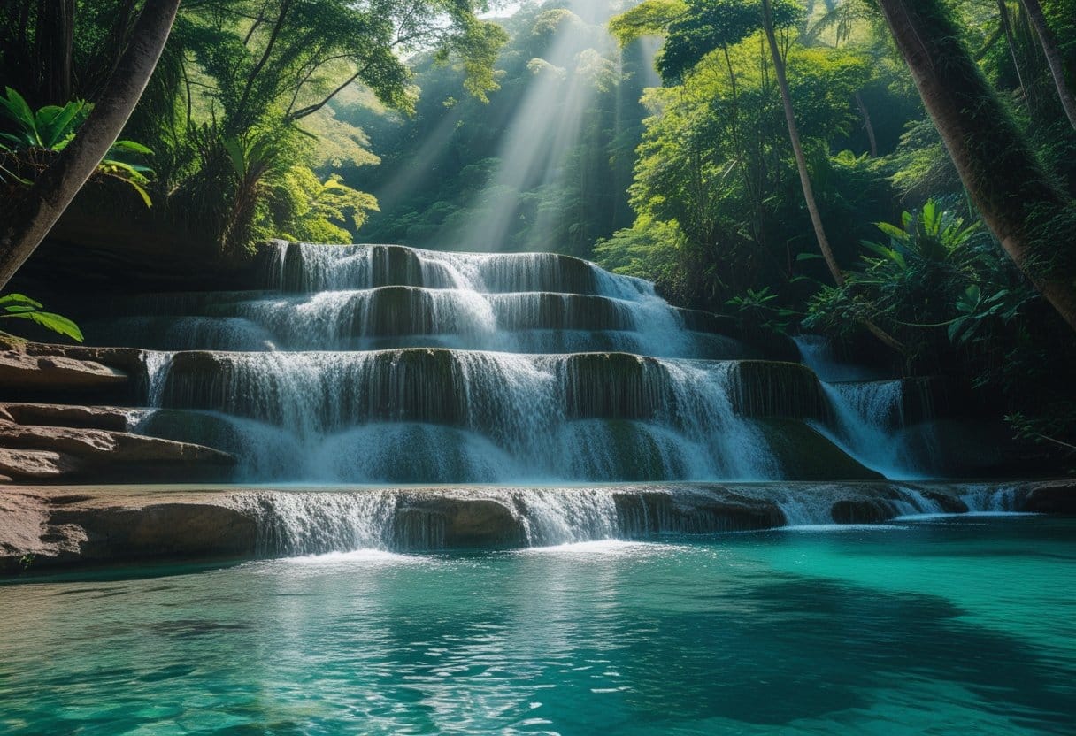 Cachoeira com água cristalina caindo sobre pedras rodeadas por vegetação verde e luz do sol filtrando pelas árvores.