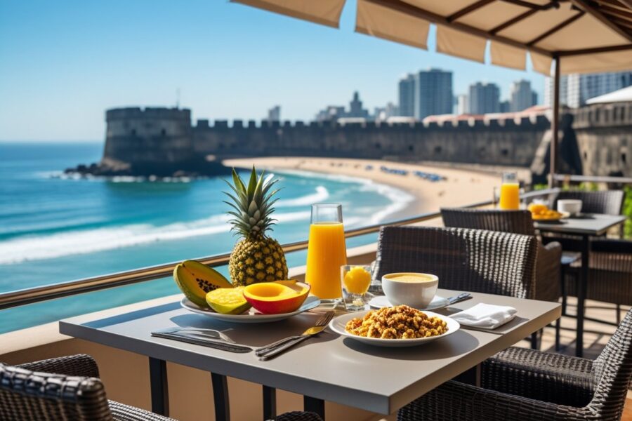 Mesa de café da manhã ao ar livre no Forte de Copacabana com frutas tropicais, pão de queijo, café e vista para a praia de Copacabana.