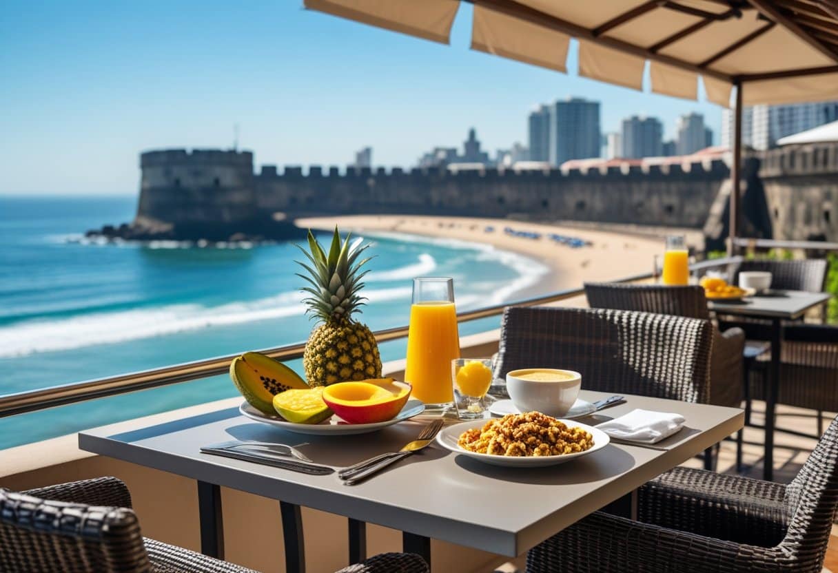Mesa de café da manhã ao ar livre no Forte de Copacabana com frutas tropicais, pão de queijo, café e vista para a praia de Copacabana.