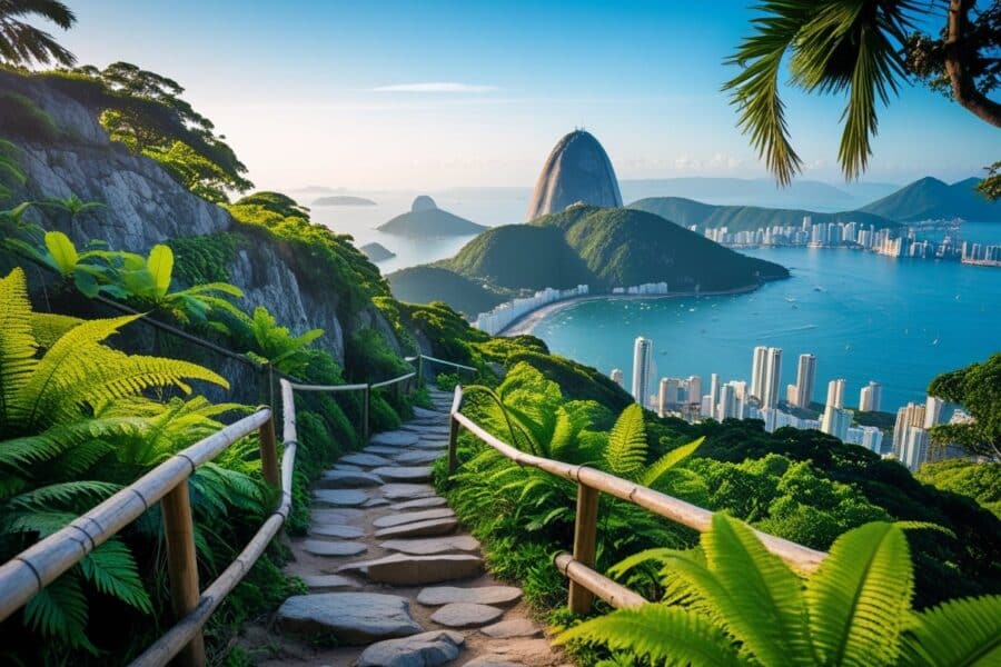 Trilha verdejante subindo o Morro da Urca com vista para a cidade do Rio de Janeiro e o Pão de Açúcar ao fundo.