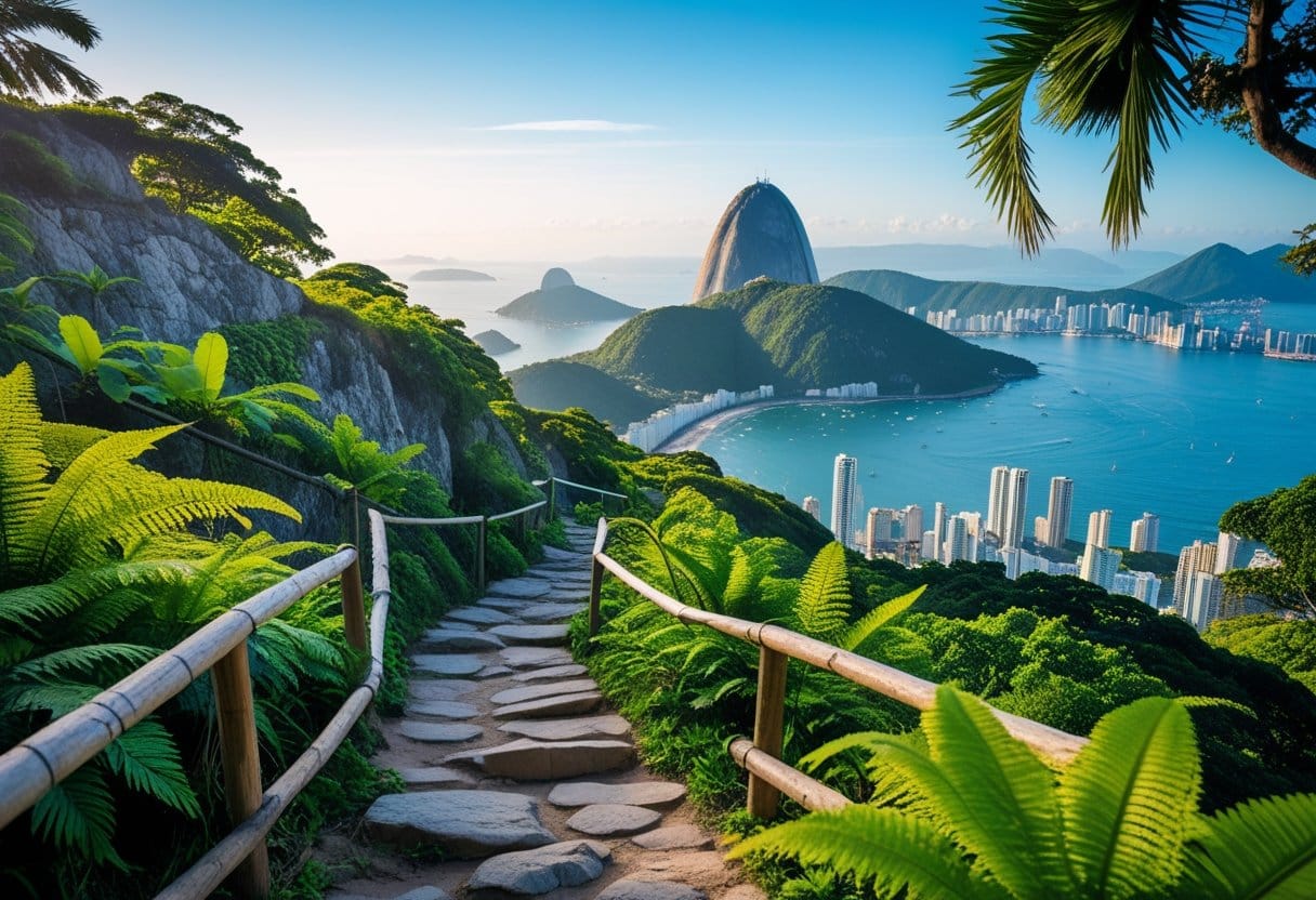 Trilha verdejante subindo o Morro da Urca com vista para a cidade do Rio de Janeiro e o Pão de Açúcar ao fundo.