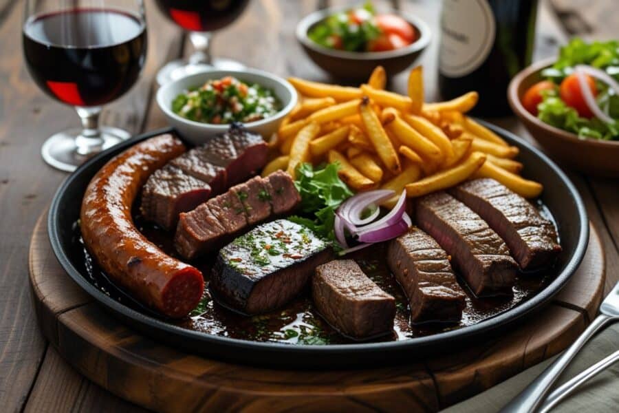 Prato típico argentino com carnes grelhadas, batatas fritas, salada e um copo de vinho tinto sobre uma mesa de madeira.