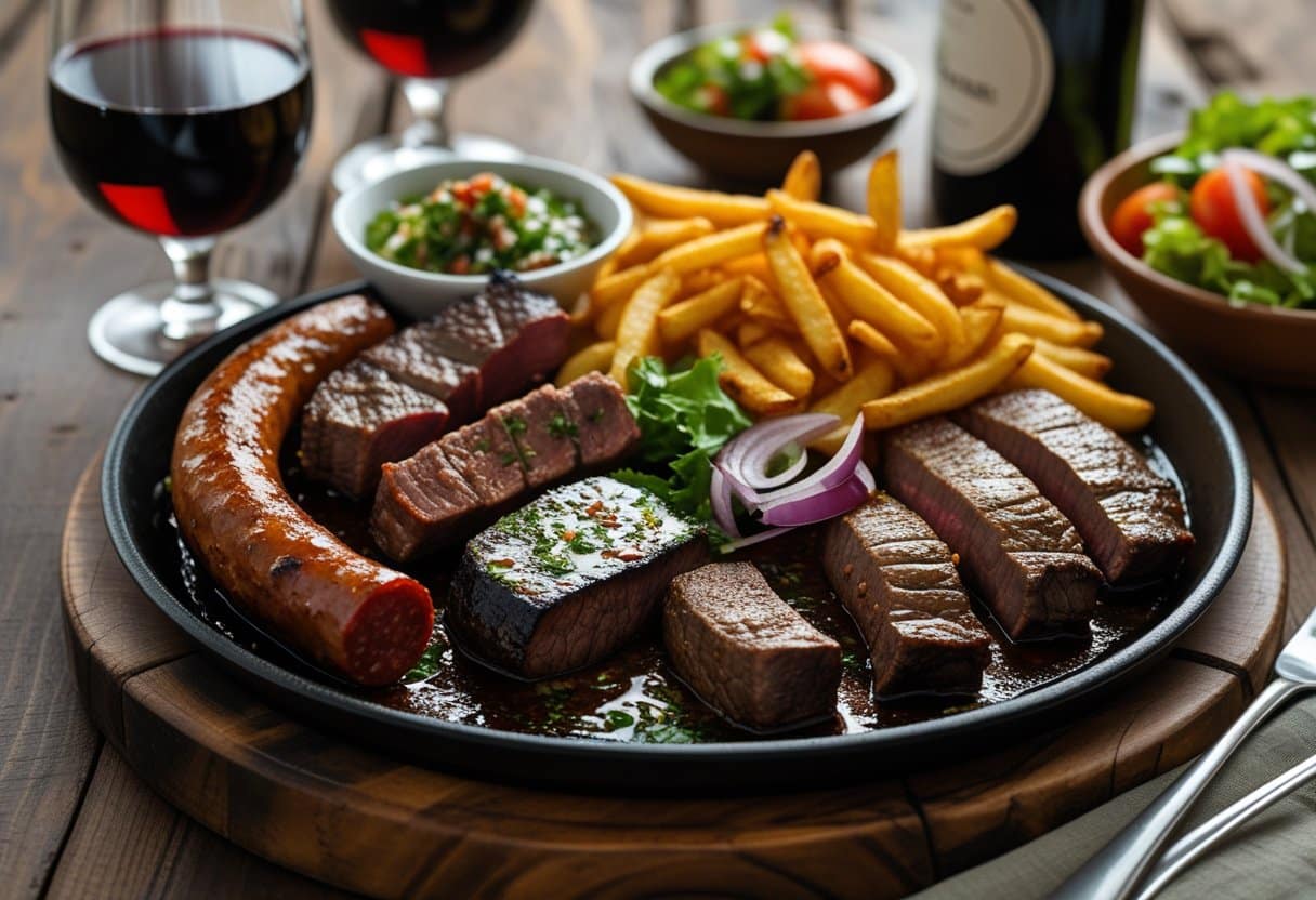 Prato típico argentino com carnes grelhadas, batatas fritas, salada e um copo de vinho tinto sobre uma mesa de madeira.