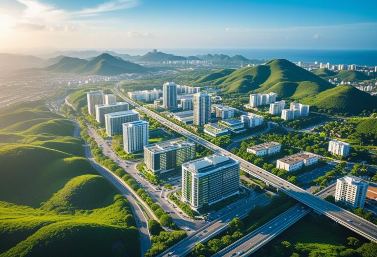 Vista aérea de várias cidades próximas a Belo Horizonte com prédios, áreas residenciais, colinas verdes e estradas conectando as cidades sob um céu azul claro.