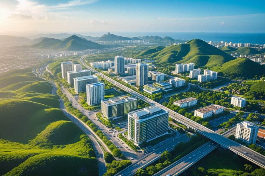 Vista aérea de várias cidades próximas a Belo Horizonte com prédios, áreas residenciais, colinas verdes e estradas conectando as cidades sob um céu azul claro.
