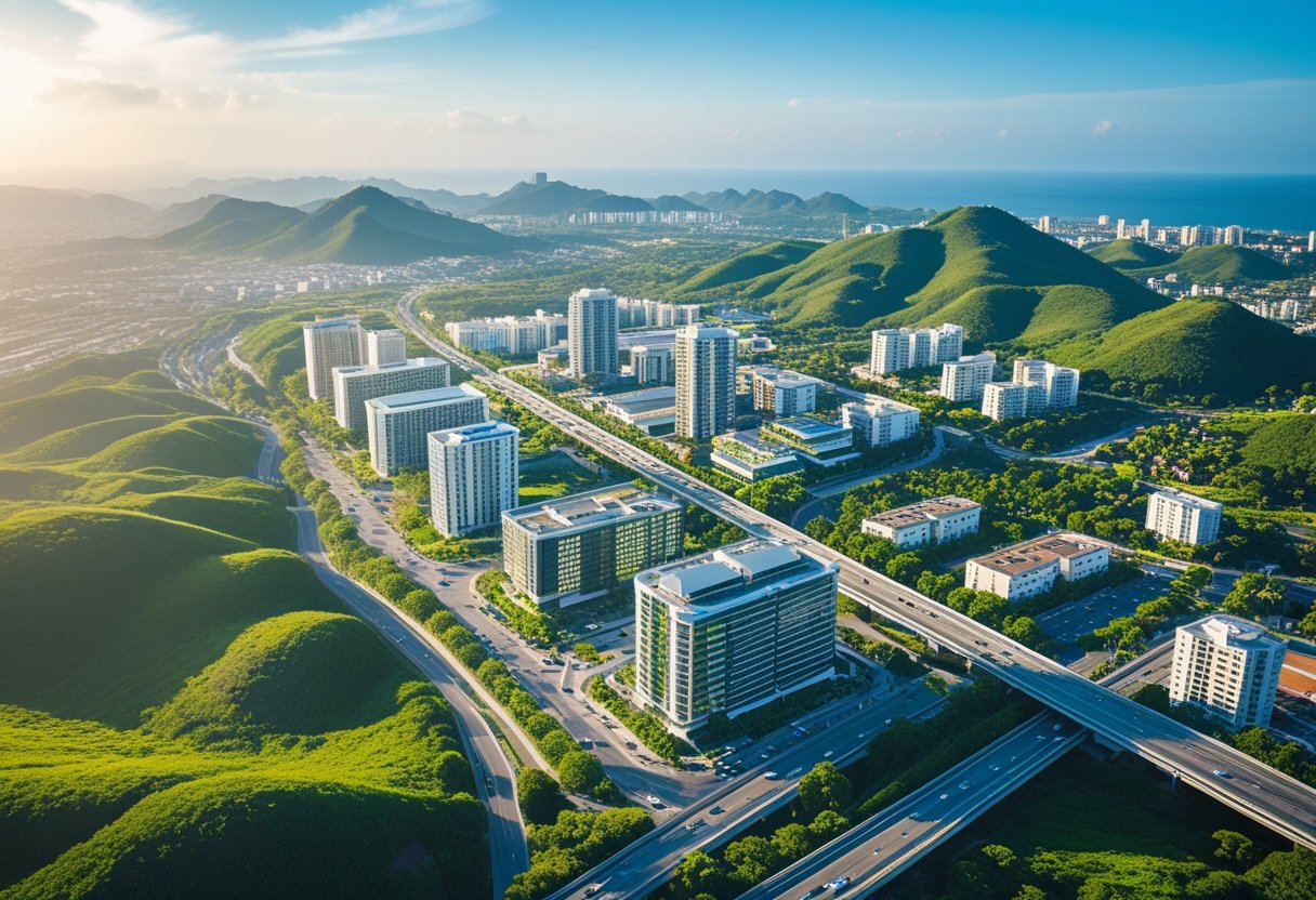 Vista aérea de várias cidades próximas a Belo Horizonte com prédios, áreas residenciais, colinas verdes e estradas conectando as cidades sob um céu azul claro.