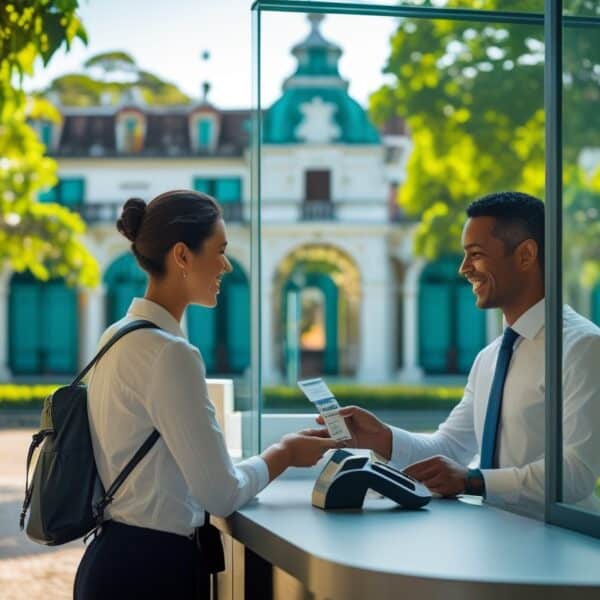 Pessoa comprando ingressos em um guichê com árvores e o casarão do Parque Lage ao fundo.