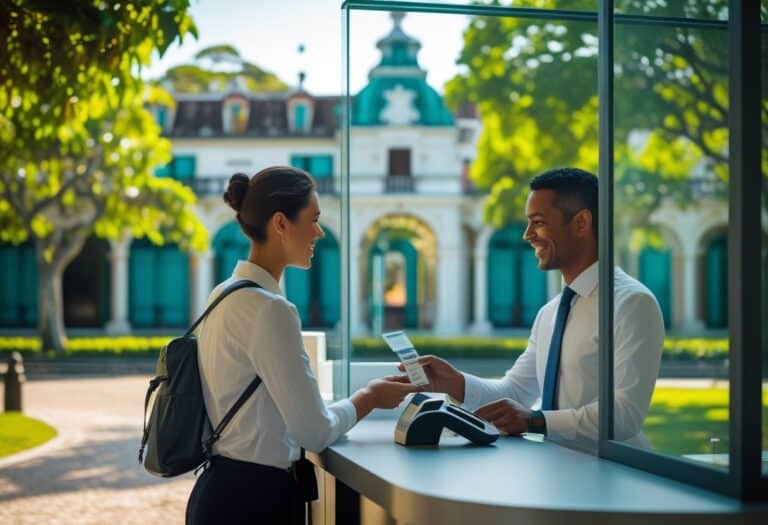 Pessoa comprando ingressos em um guichê com árvores e o casarão do Parque Lage ao fundo.