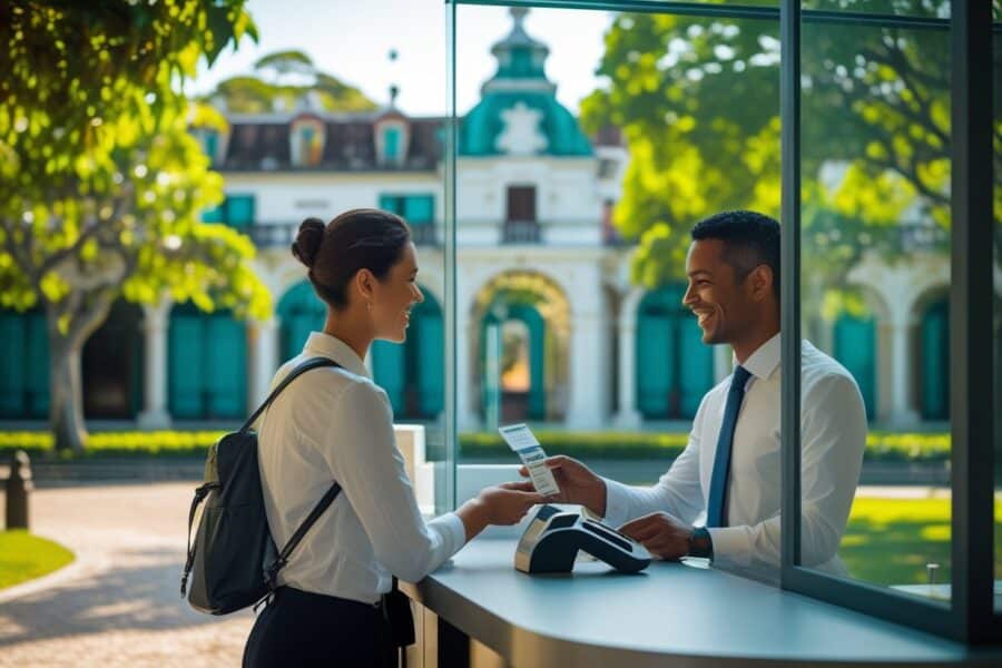 Pessoa comprando ingressos em um guichê com árvores e o casarão do Parque Lage ao fundo.