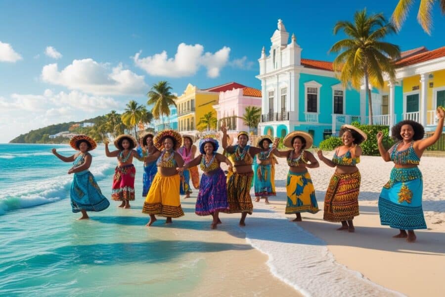 Pessoas vestindo roupas tradicionais coloridas dançando e tocando instrumentos em uma praia com mar azul e prédios coloniais ao fundo em Salvador, Bahia.