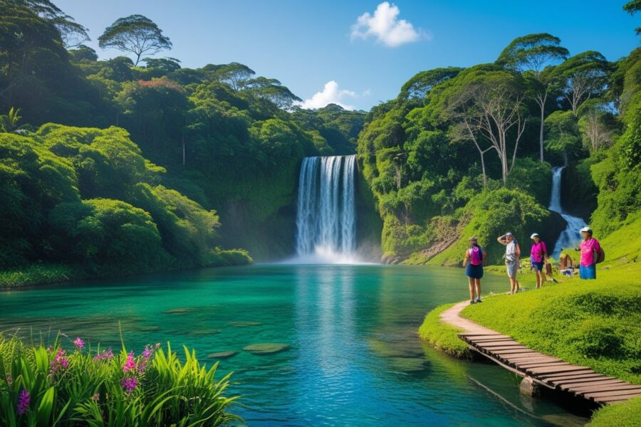 Cachoeira em Lumiar cercada por vegetação verde com turistas aproveitando a paisagem natural.