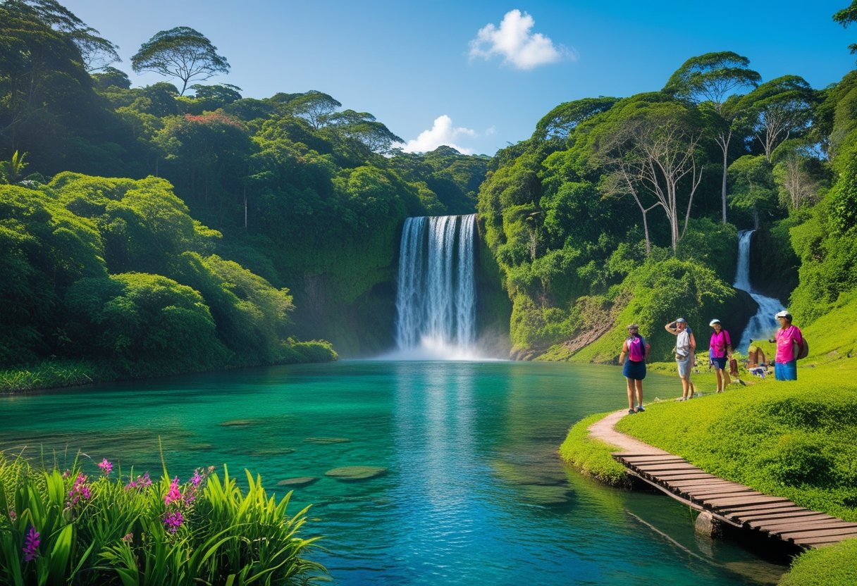 Cachoeira em Lumiar cercada por vegetação verde com turistas aproveitando a paisagem natural.