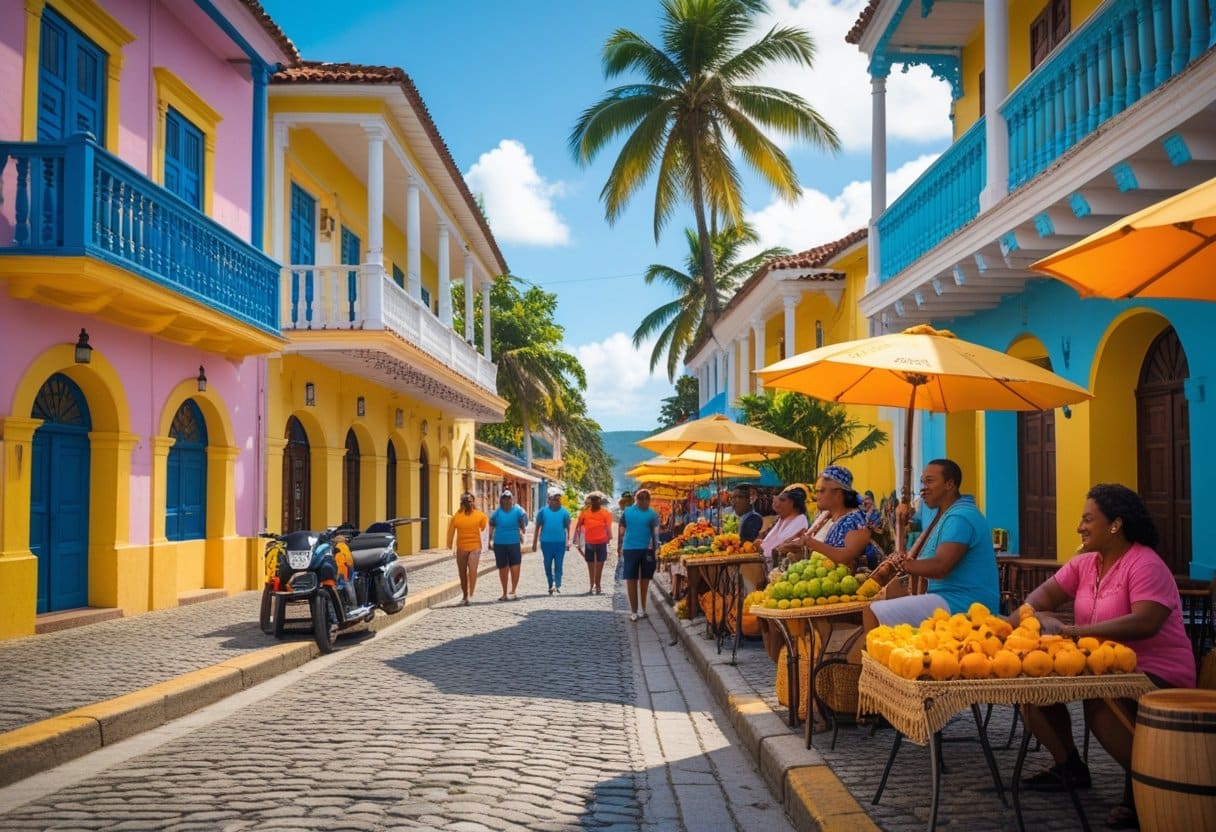 Rua colorida em Salvador com prédios coloniais, pessoas caminhando, vendedores de artesanato e músicos tocando instrumentos tradicionais.