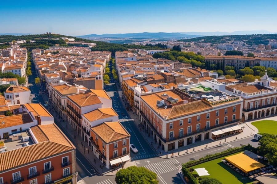 Vista aérea de cidades próximas a Madrid com arquitetura tradicional espanhola, ruas estreitas e áreas verdes sob um céu azul claro.