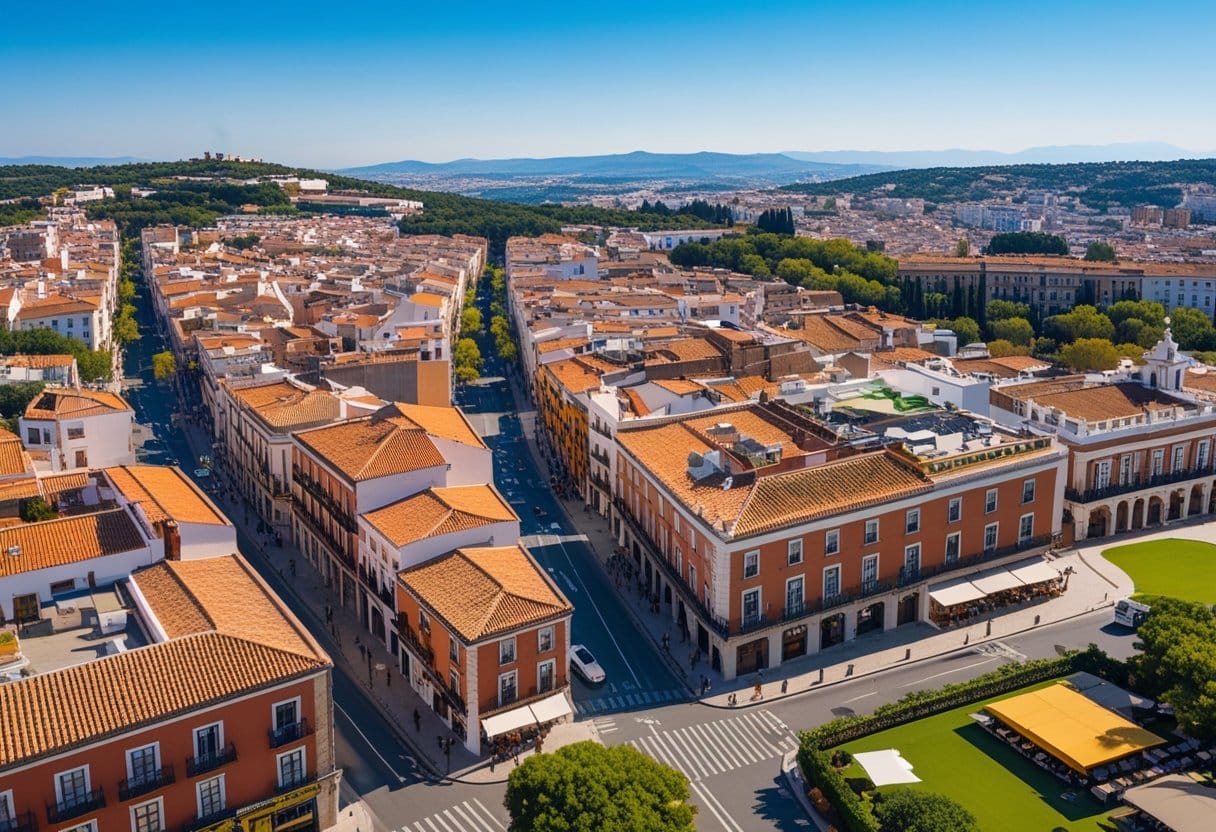 Vista aérea de cidades próximas a Madrid com arquitetura tradicional espanhola, ruas estreitas e áreas verdes sob um céu azul claro.