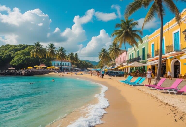 Praia tropical em Arraial d'Ajuda com areia dourada, água azul clara, pessoas aproveitando o sol, coqueiros ao fundo e construções coloniais coloridas.