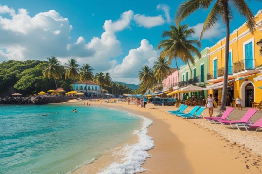 Praia tropical em Arraial d'Ajuda com areia dourada, água azul clara, pessoas aproveitando o sol, coqueiros ao fundo e construções coloniais coloridas.