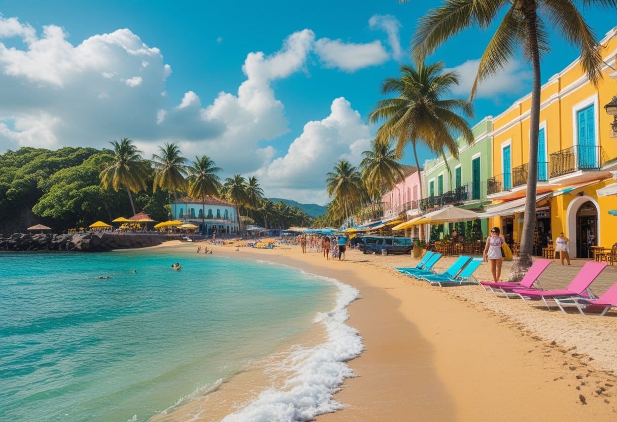 Praia tropical em Arraial d'Ajuda com areia dourada, água azul clara, pessoas aproveitando o sol, coqueiros ao fundo e construções coloniais coloridas.