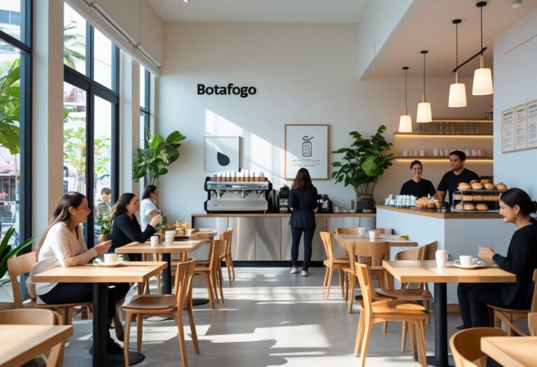 Interior de uma cafeteria moderna com mesas de madeira, clientes tomando café e baristas atendendo no balcão.