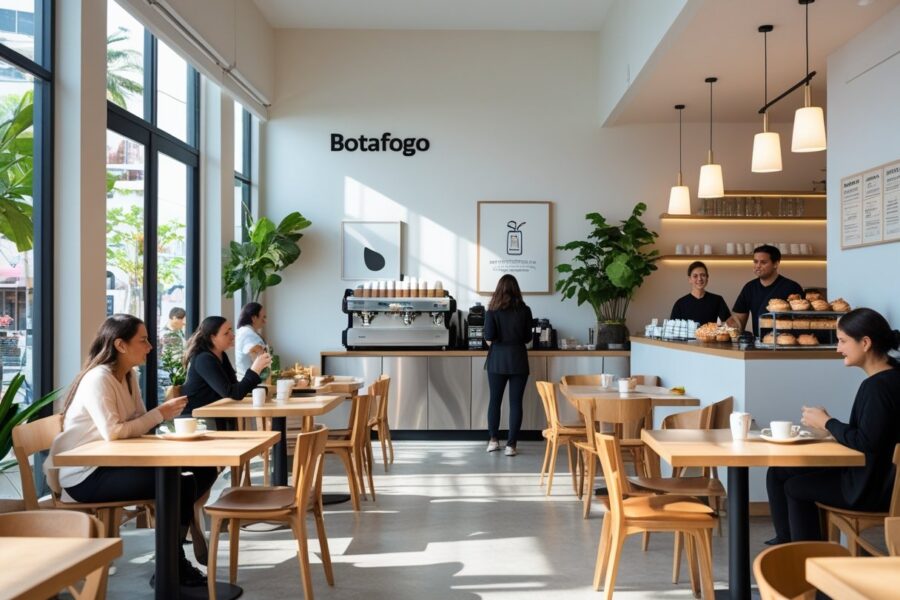 Interior de uma cafeteria moderna com mesas de madeira, clientes tomando café e baristas atendendo no balcão.
