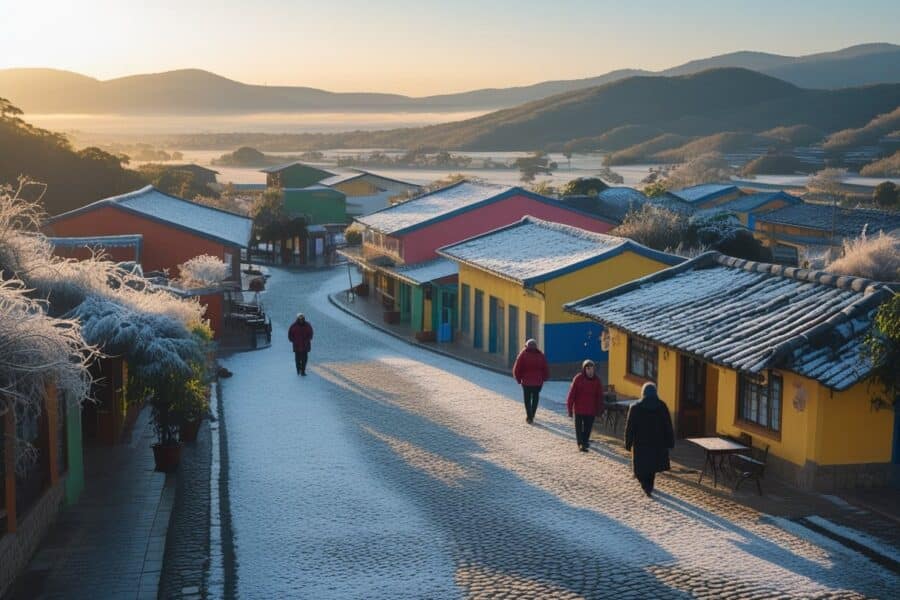 Praça de uma pequena cidade do Nordeste com casas coloridas, ruas de pedra com leve geada e pessoas vestindo roupas de frio.