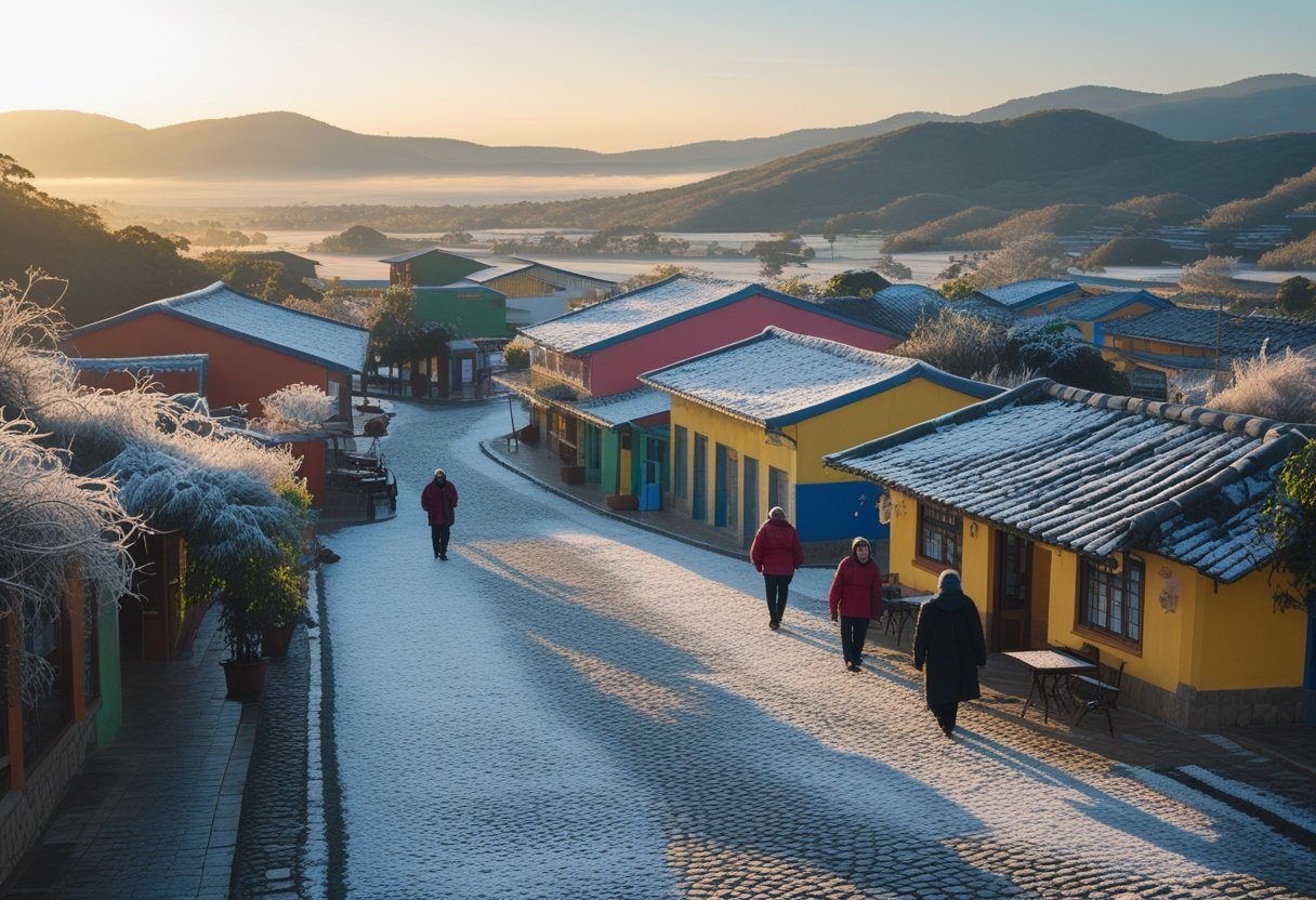 Praça de uma pequena cidade do Nordeste com casas coloridas, ruas de pedra com leve geada e pessoas vestindo roupas de frio.