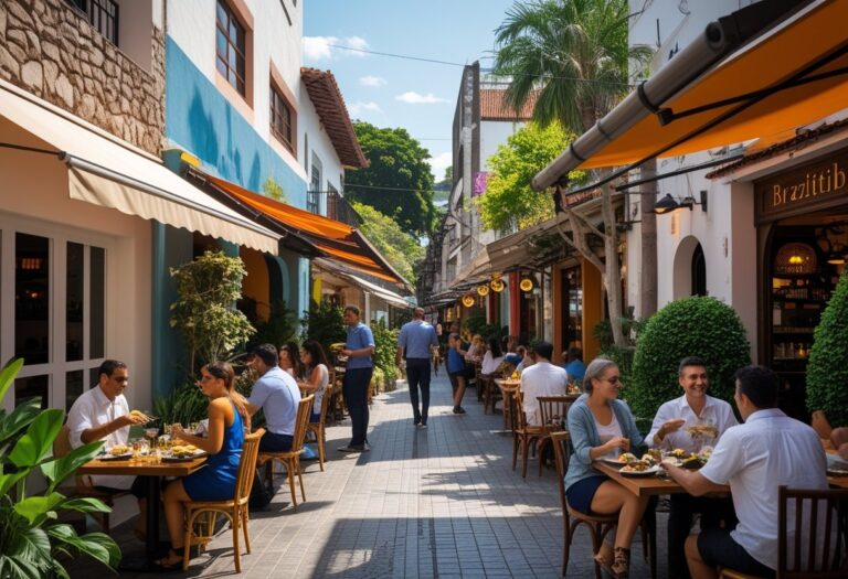 Rua movimentada em Curitiba com diferentes restaurantes e pessoas sentadas nas mesas ao ar livre aproveitando suas refeições.