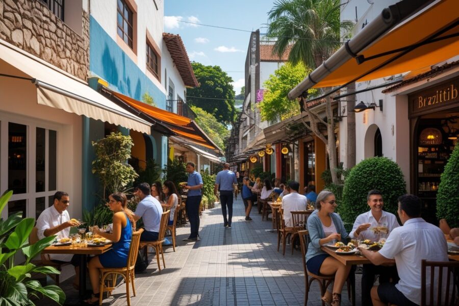 Rua movimentada em Curitiba com diferentes restaurantes e pessoas sentadas nas mesas ao ar livre aproveitando suas refeições.