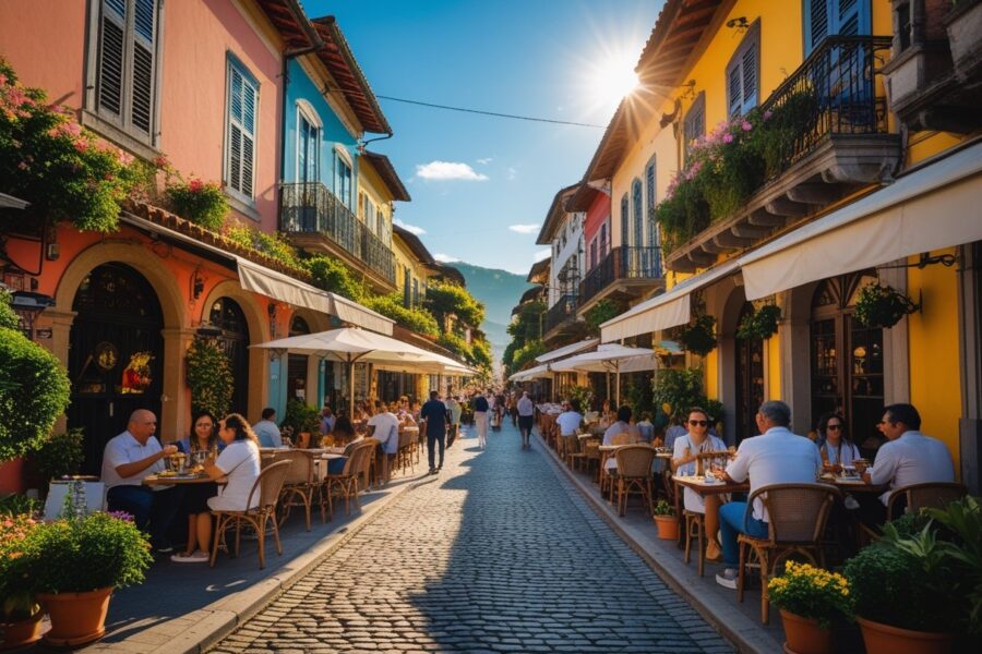 Rua movimentada em Santa Felicidade com arquitetura italiana, pessoas em cafés ao ar livre e ambiente acolhedor.