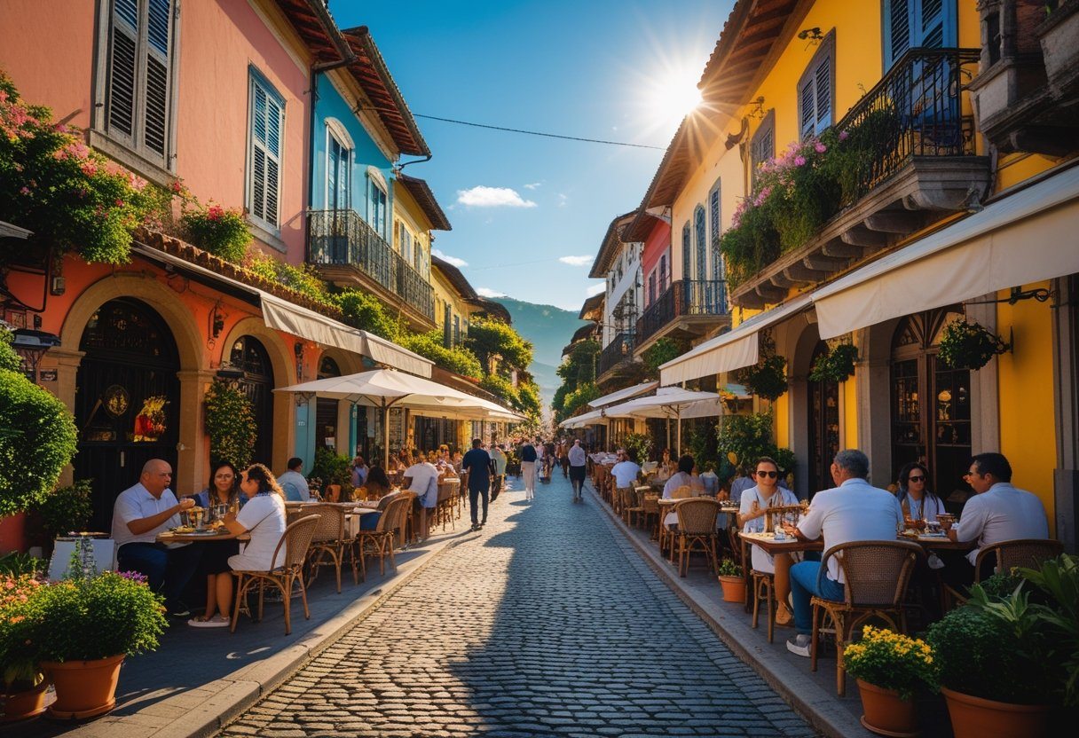 Rua movimentada em Santa Felicidade com arquitetura italiana, pessoas em cafés ao ar livre e ambiente acolhedor.