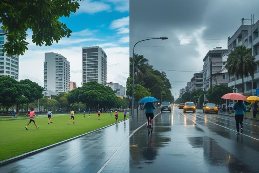 Cena dividida mostrando um parque verde e ensolarado de um lado e uma rua chuvosa e cinzenta do outro, representando vantagens e desvantagens de morar em Curitiba.