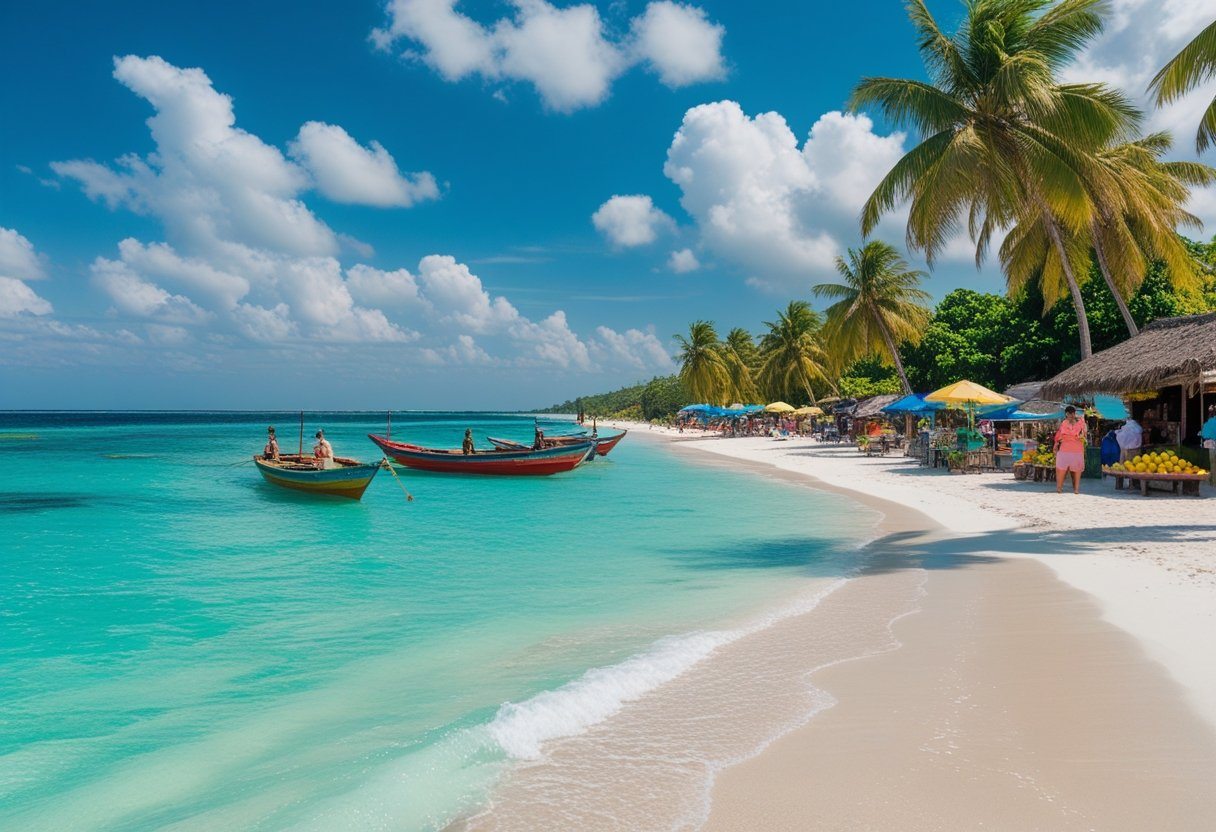 Praia tropical em Prado, Bahia, com águas claras, areia branca, coqueiros e barcos coloridos ancorados próximos à praia.