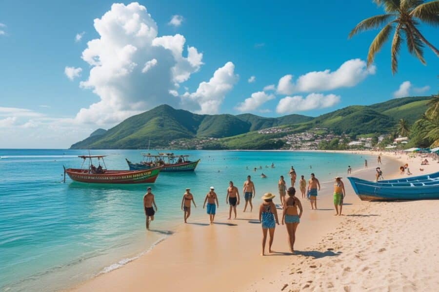 Praia de Rio das Ostras com pessoas aproveitando o sol, barcos coloridos ancorados e colinas verdes ao fundo.