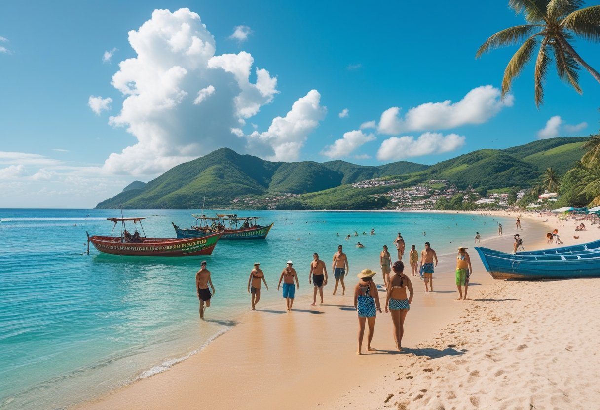 Praia de Rio das Ostras com pessoas aproveitando o sol, barcos coloridos ancorados e colinas verdes ao fundo.