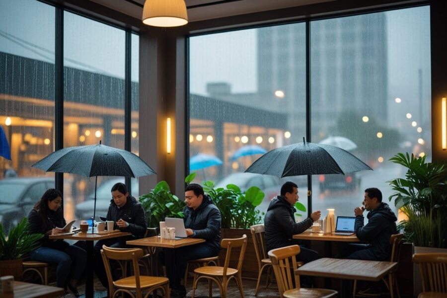Pessoas em um café aconchegante em Curitiba, com chuva visível nas janelas e ruas molhadas do lado de fora.